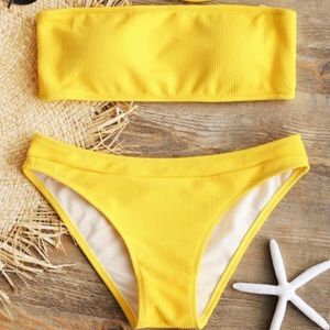 Zaful Halter Ribbed Texture Bikini Set - Yellow L